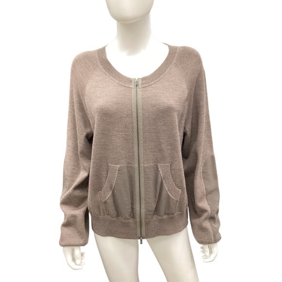 St.John Women’s Sweater Size L Zip Up Cardigan Wool Silk Pockets Fine Knit Brown - Picture 1 of 5